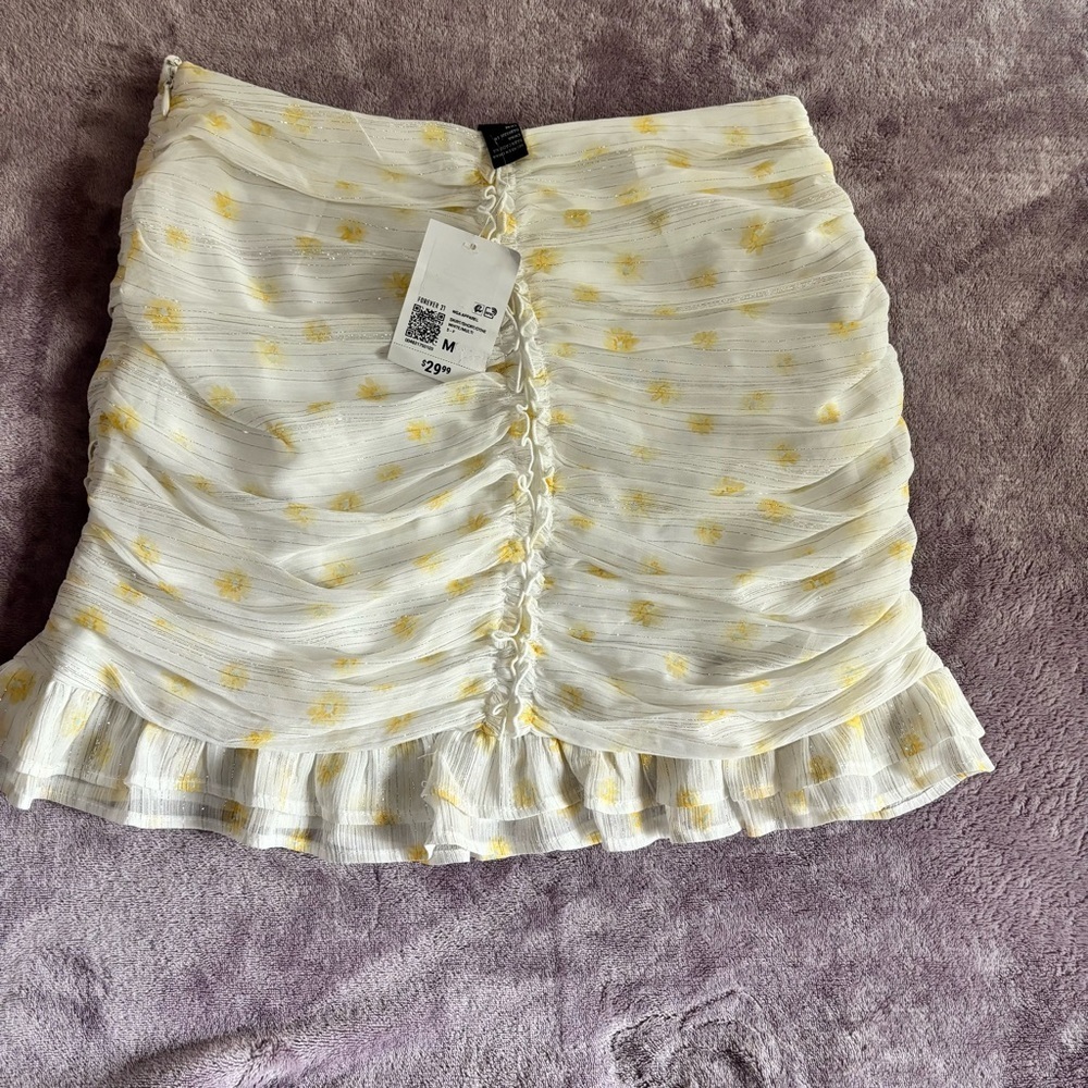 Forever 21 White Yellow Floral Ruched Ruffle Mini Skirt Metallic Stripe Medium - Picture 3 of 7